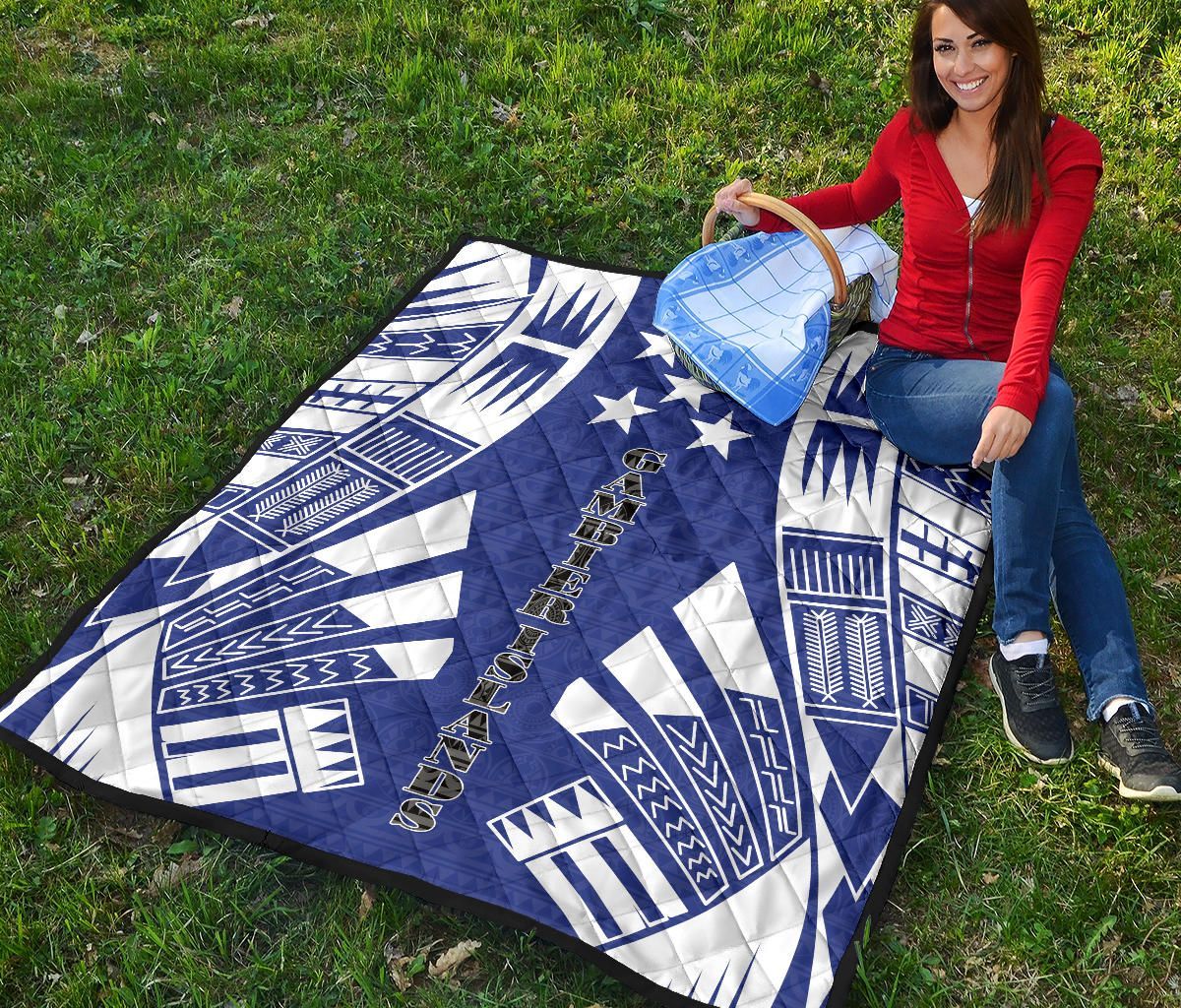 Gambier Islands Premium Quilt - Gambier Islands Flag Polynesian White Tattoo (Blue)