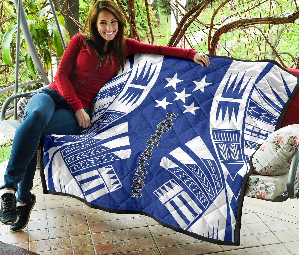 Gambier Islands Premium Quilt - Gambier Islands Flag Polynesian White Tattoo (Blue)