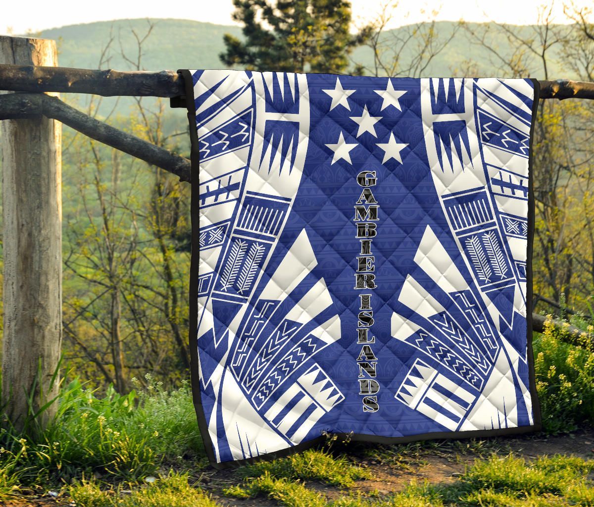 Gambier Islands Premium Quilt - Gambier Islands Flag Polynesian White Tattoo (Blue)