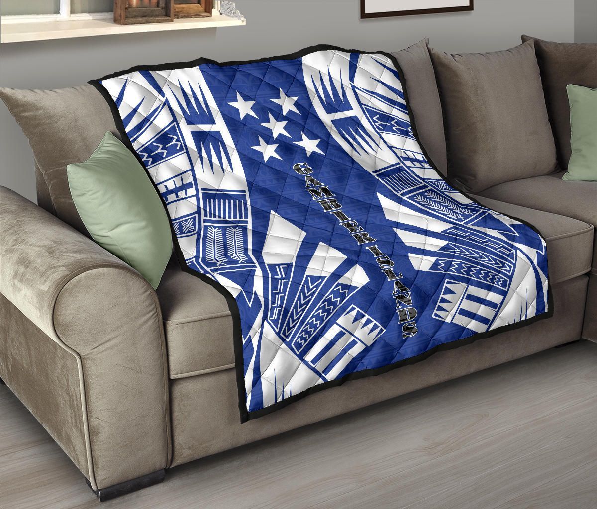 Gambier Islands Premium Quilt - Gambier Islands Flag Polynesian White Tattoo (Blue)