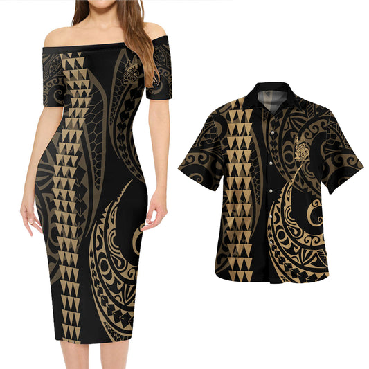 New Caledonia Combo Short Sleeve Dress And Shirt Kakau Style Gold