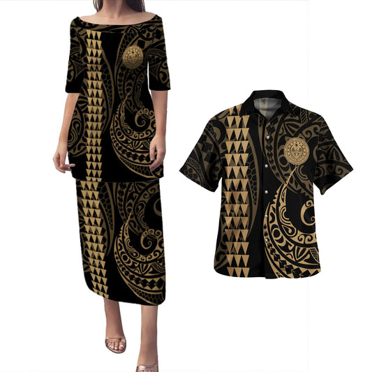 Pohnpei State Combo Puletasi And Shirt Kakau Style Gold