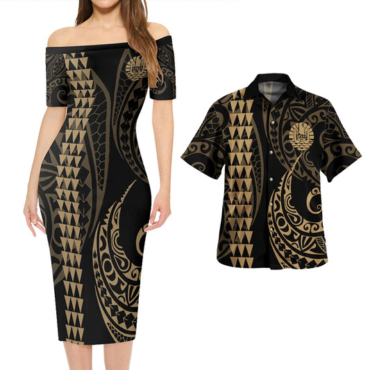 Tahiti Combo Short Sleeve Dress And Shirt Kakau Style Gold