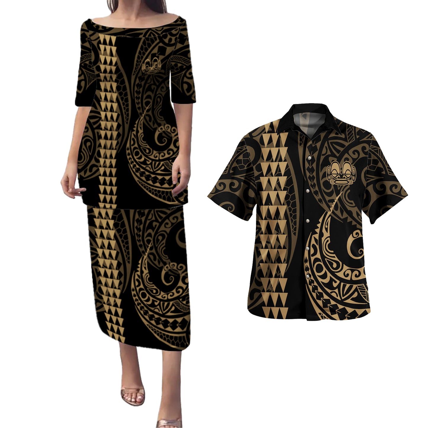 Marquesas Islands Combo Puletasi And Shirt Kakau Style Gold