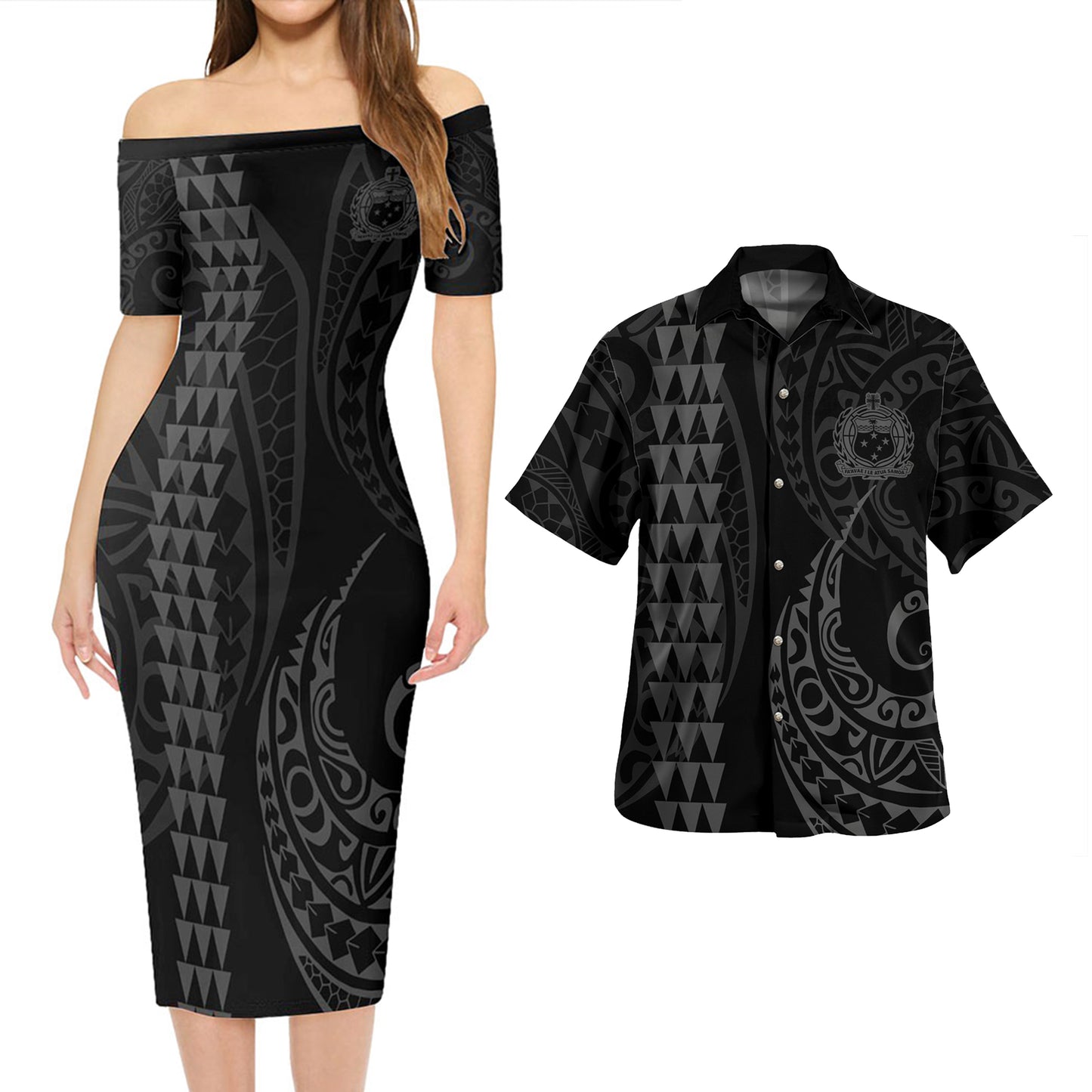 Samoa Combo Short Sleeve Dress And Shirt Kakau Style Grey