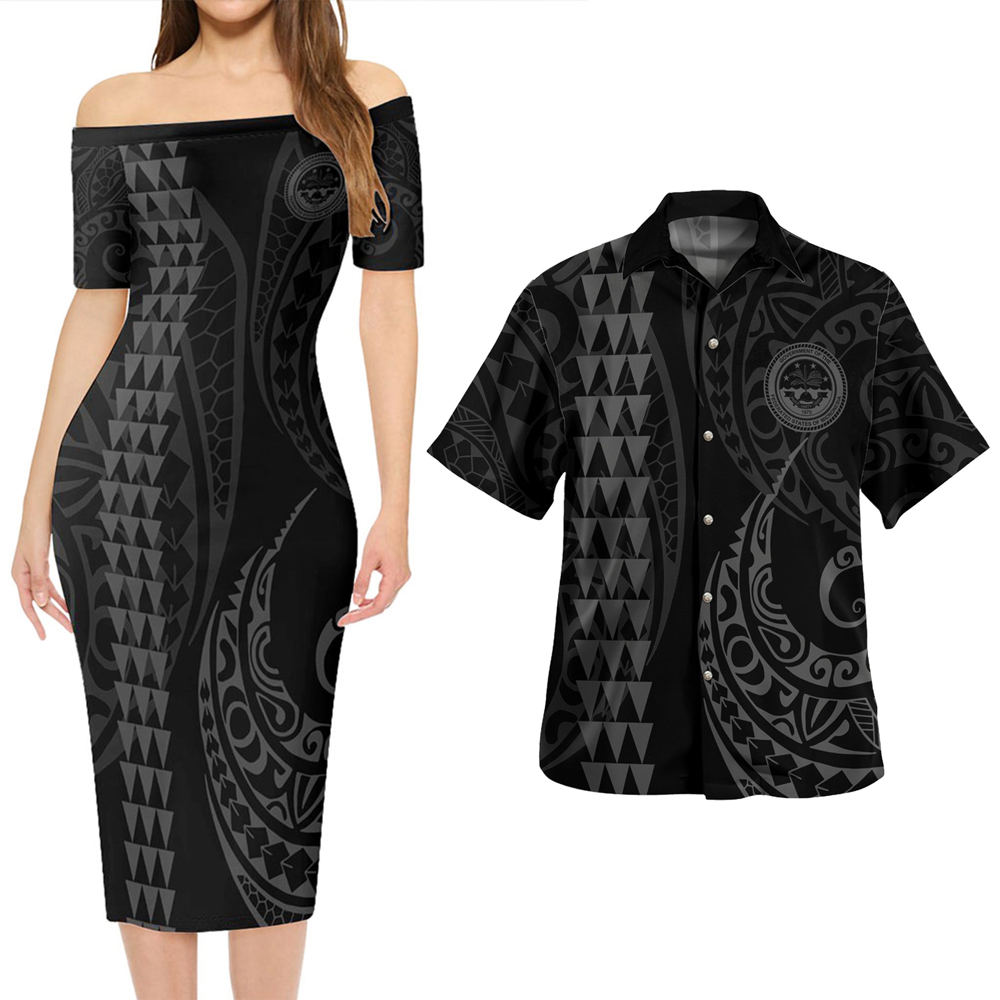 Federated States Of Micronesia Combo Short Sleeve Dress And Shirt Kakau Style Grey