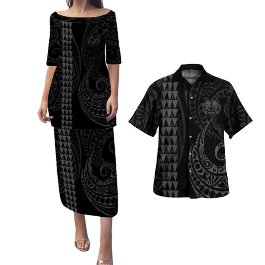 Marquesas Islands Combo Puletasi And Shirt Kakau Style Grey