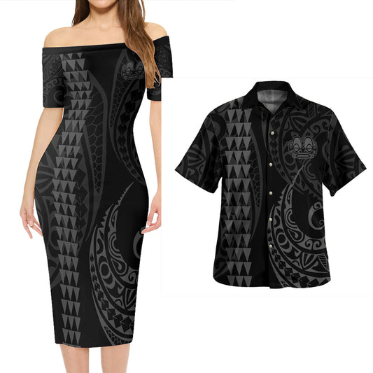 Marquesas Islands Combo Short Sleeve Dress And Shirt Kakau Style Grey