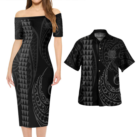 Papua New Guinea Combo Short Sleeve Dress And Shirt Kakau Style Grey