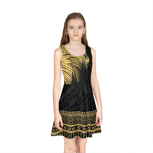 Guam Girls Sleeveless Sundress Fabric Leaves Golden