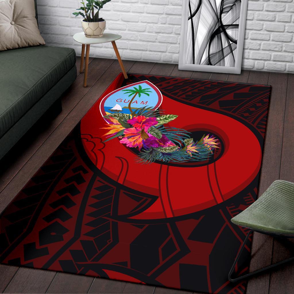 Guam Area Rug - Polynesian Hook And Hibiscus (Red)