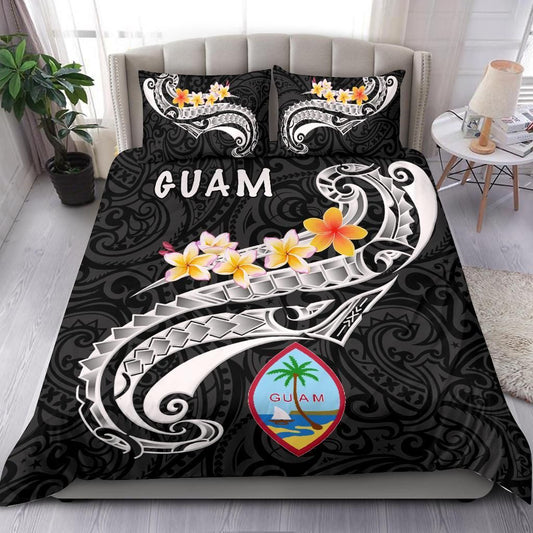 Guam Bedding Set - Guam Seal Polynesian Patterns Plumeria (Black)