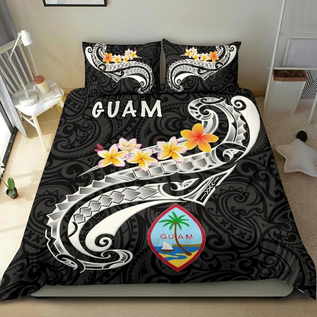 Guam Bedding Set - Guam Seal Polynesian Patterns Plumeria (Black)