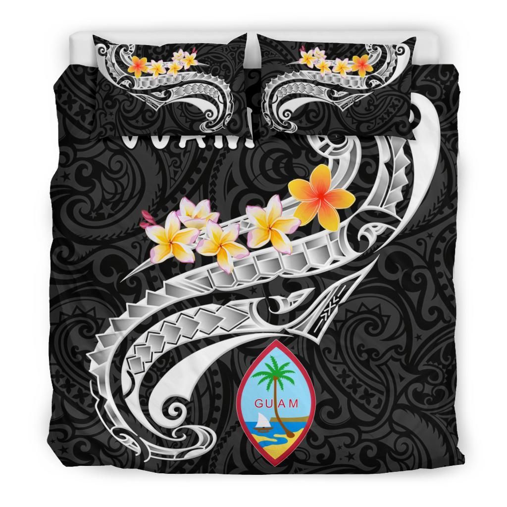 Guam Bedding Set - Guam Seal Polynesian Patterns Plumeria (Black)