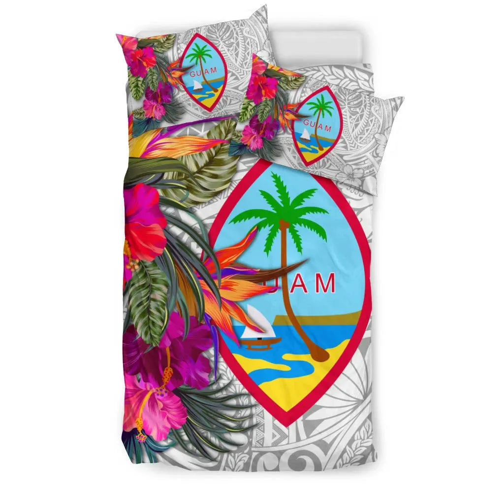 Guam Bedding Set - Hibiscus Polynesian Pattern White Version