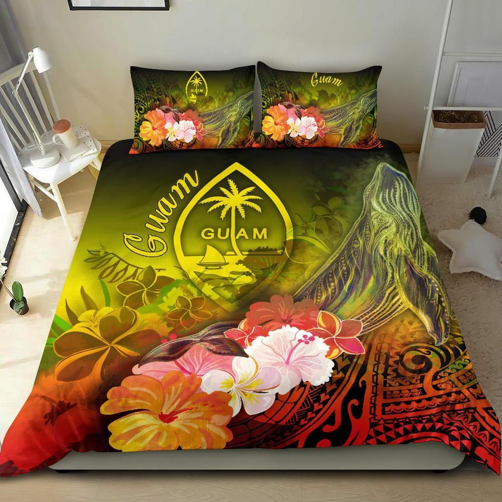 Guam Bedding Set - Humpback Whale With Tropical Flowers (Yellow)