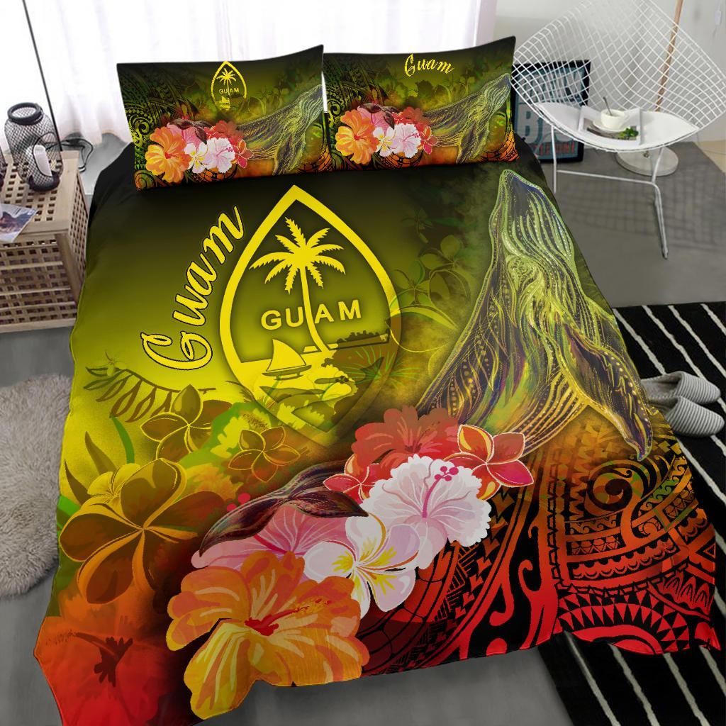 Guam Bedding Set - Humpback Whale With Tropical Flowers (Yellow)