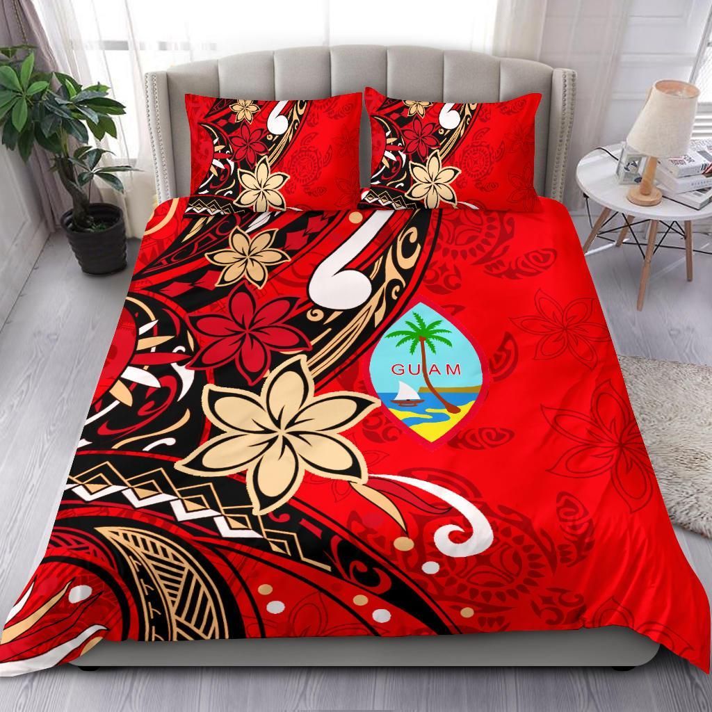Guam Bedding Set - Tribal Flower With Special Turtles Red Color