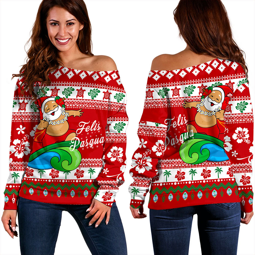 Guam Off Shoulder Sweatshirt Santa Claus Ho Ho Ho Christmas