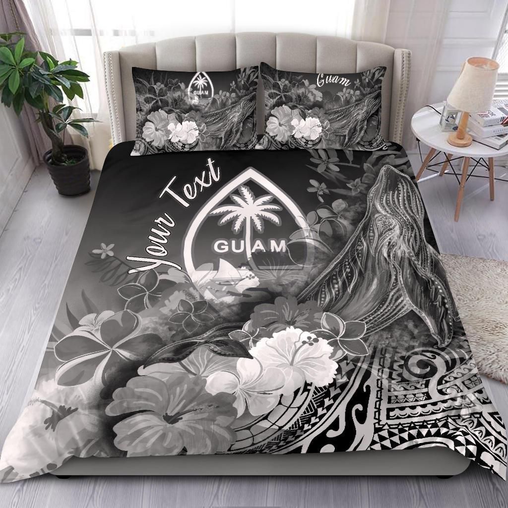 Guam Custom Personalised Bedding Set - Humpback Whale With Tropical Flowers (White)