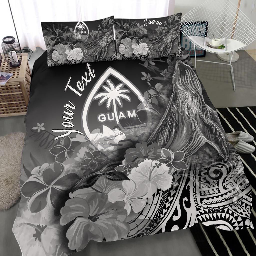 Guam Custom Personalised Bedding Set - Humpback Whale With Tropical Flowers (White)