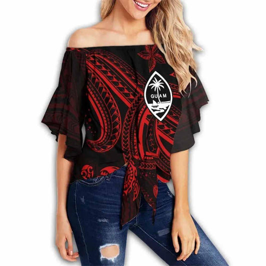 Guam Custom Personalised Off Shoulder Wrap Waist Top - Red Turtle