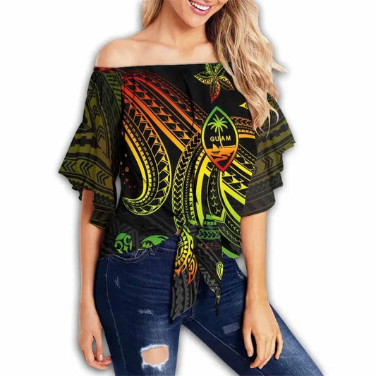 Guam Custom Personalised Off Shoulder Wrap Waist Top - Reggae Turtle Pattern