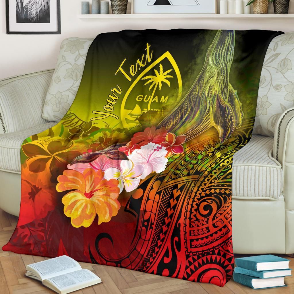 Guam Custom Personalised Premium Blanket - Humpback Whale with Tropical Flowers (Yellow)