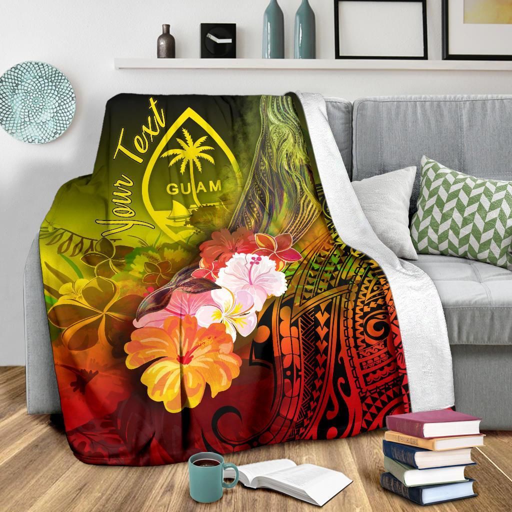Guam Custom Personalised Premium Blanket - Humpback Whale with Tropical Flowers (Yellow)