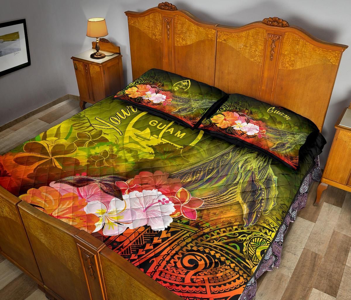 Guam Custom Personalised Quilt Bed Set - Humpback Whale with Tropical Flowers (Yellow)