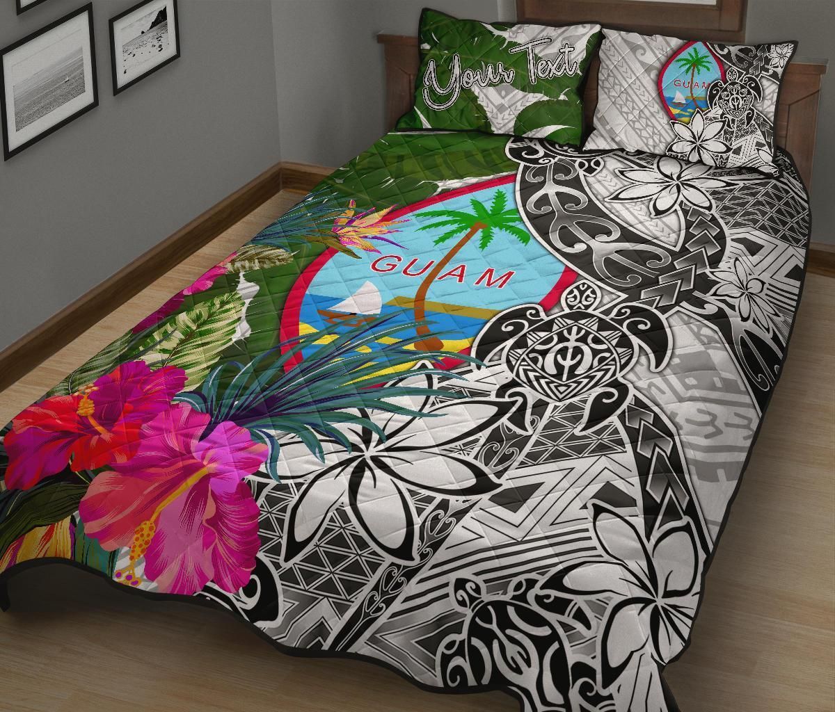 Guam Custom Personalised Quilt Bed Set White - Turtle Plumeria Banana Leaf
