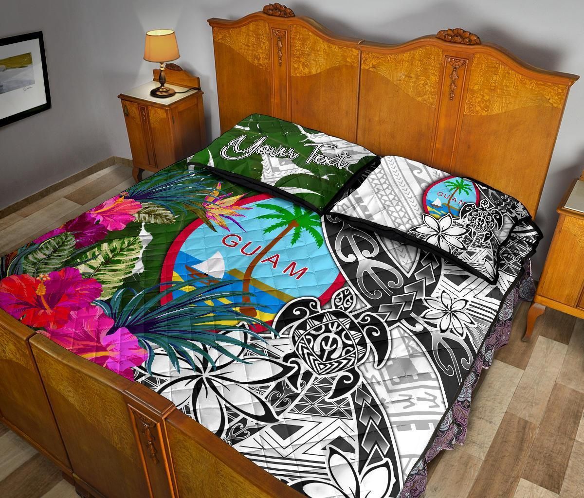 Guam Custom Personalised Quilt Bed Set White - Turtle Plumeria Banana Leaf