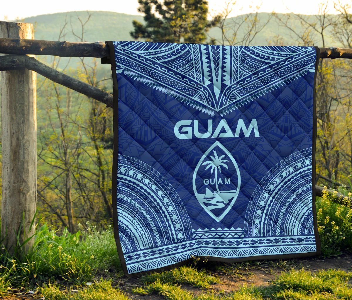 Guam Premium Quilt - Guam Coat Of Arms Polynesian Chief Blue Version