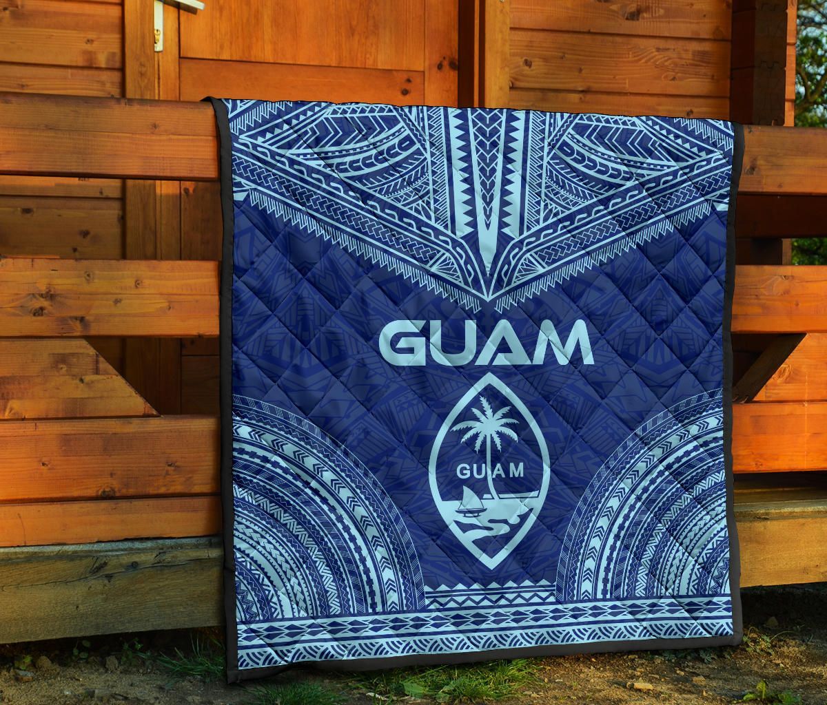 Guam Premium Quilt - Guam Coat Of Arms Polynesian Chief Blue Version