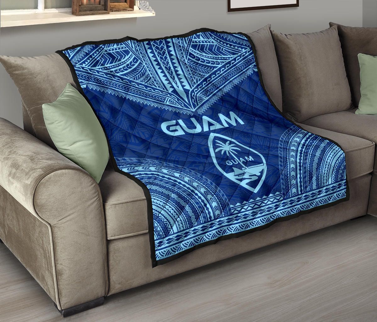 Guam Premium Quilt - Guam Coat Of Arms Polynesian Chief Blue Version