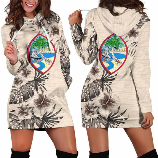 Guam Hoodie Dress - Guam Coat Of Arms & Beige Hibiscus