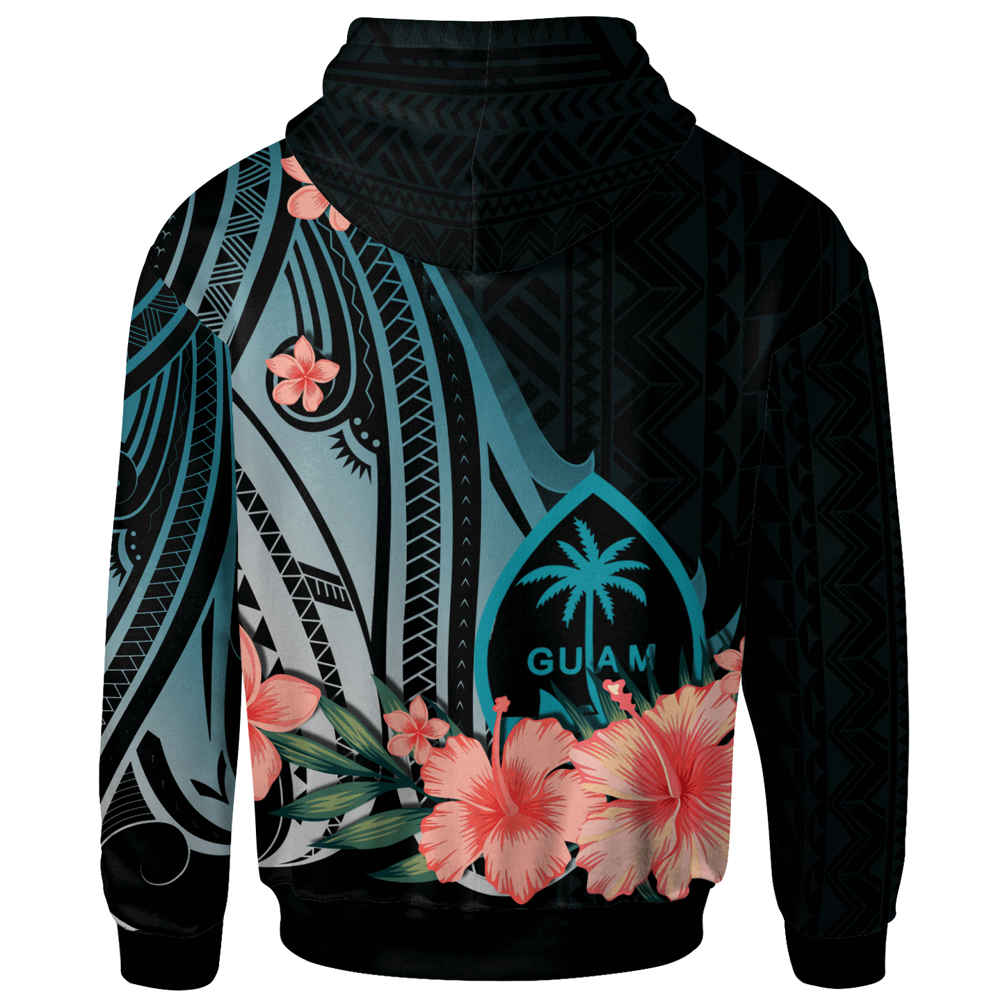 Guam Hoodie - Turquoise Polynesian Hibiscus Pattern Style