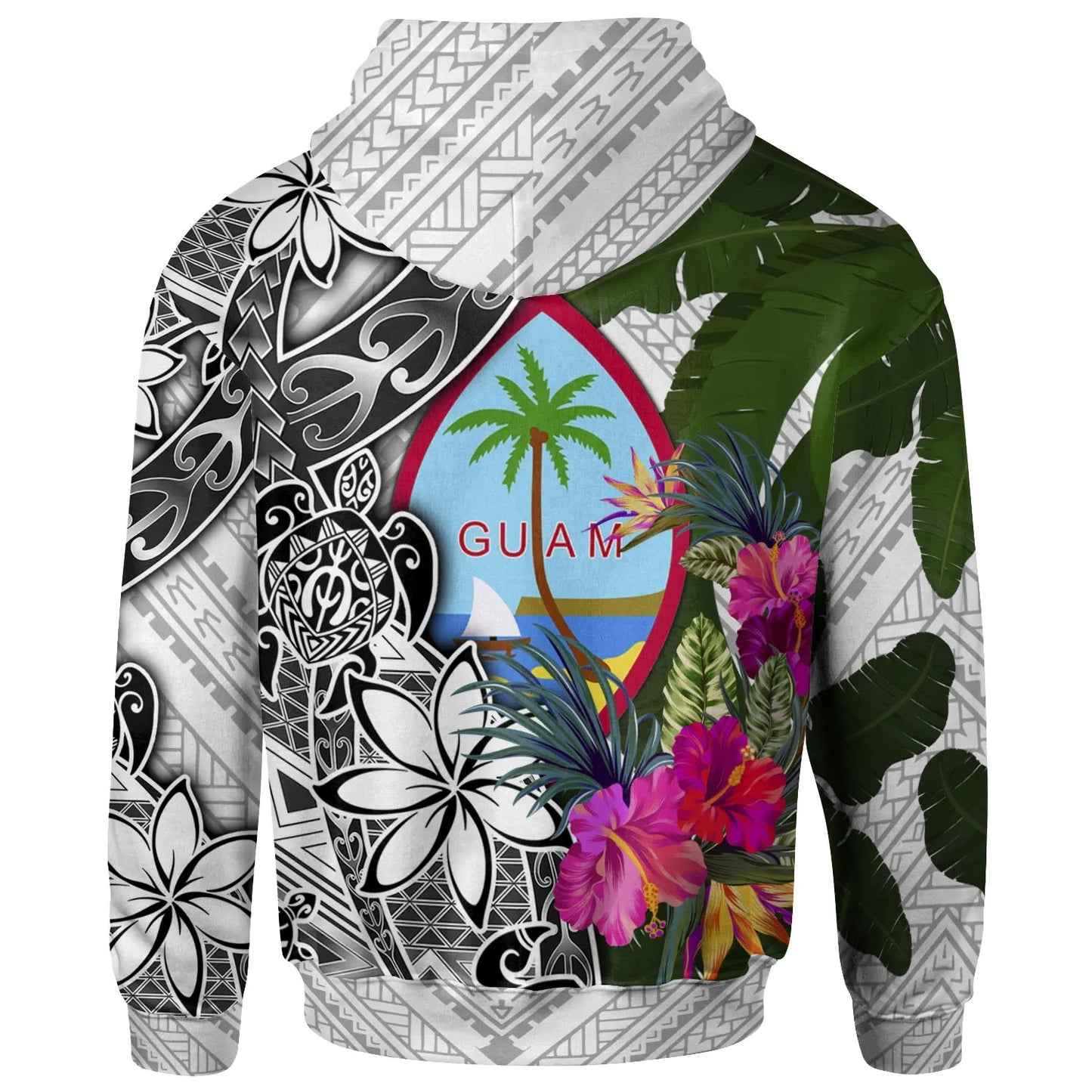 Guam Hoodie White - Turtle Plumeria Banana Leaf