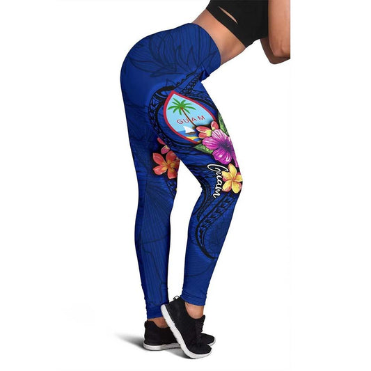 Guam Legging - Polynesian Floral With Seal Blue