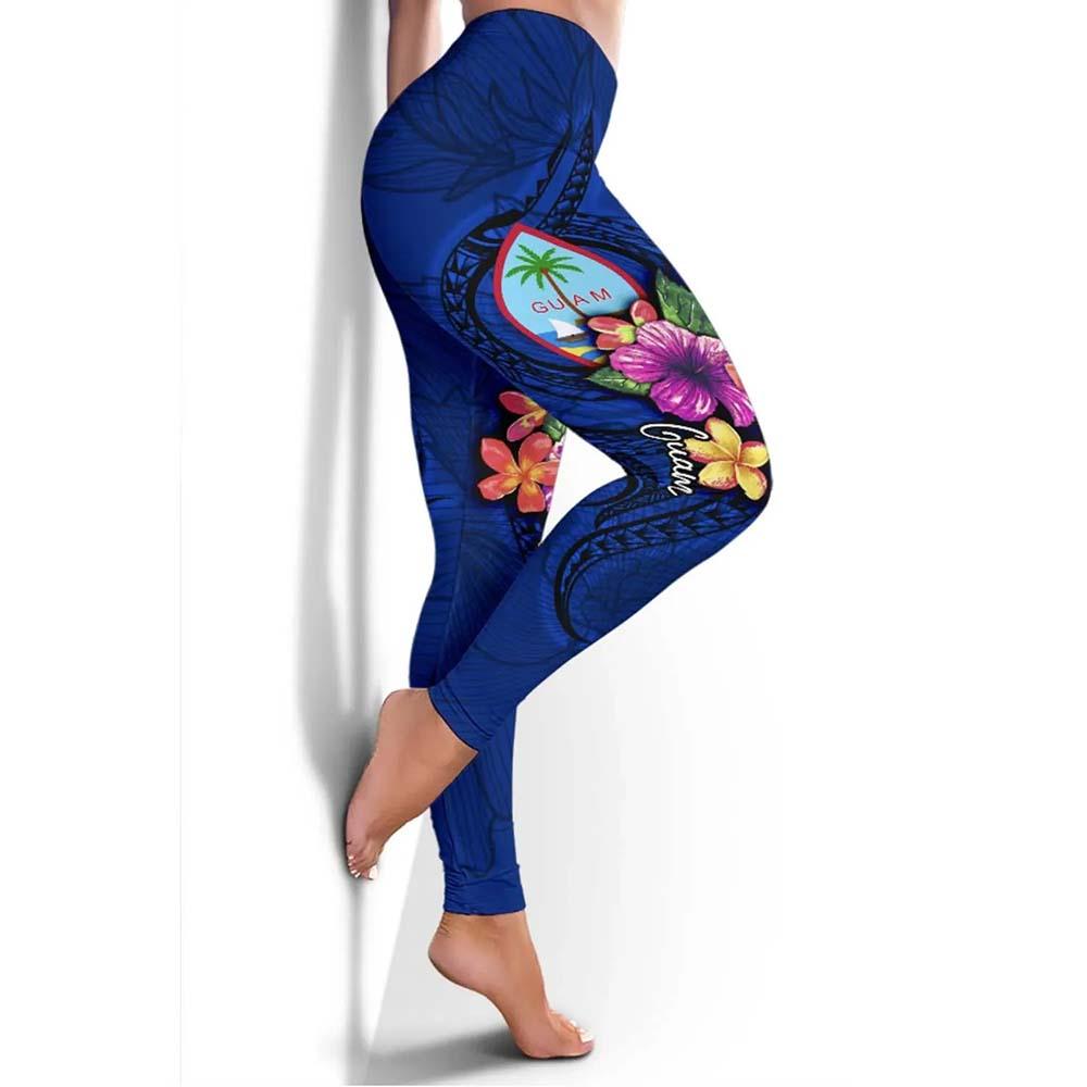 Guam Legging - Polynesian Floral With Seal Blue