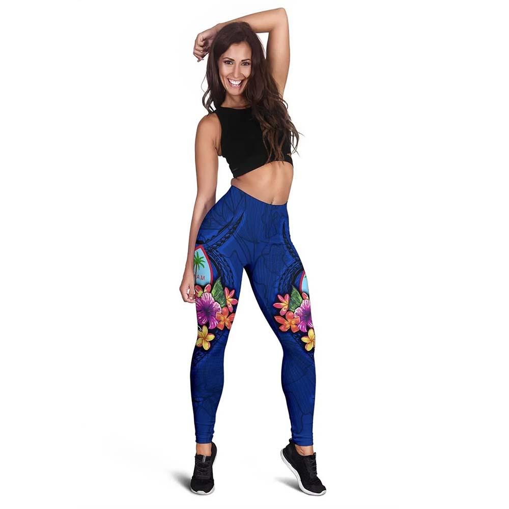 Guam Legging - Polynesian Floral With Seal Blue