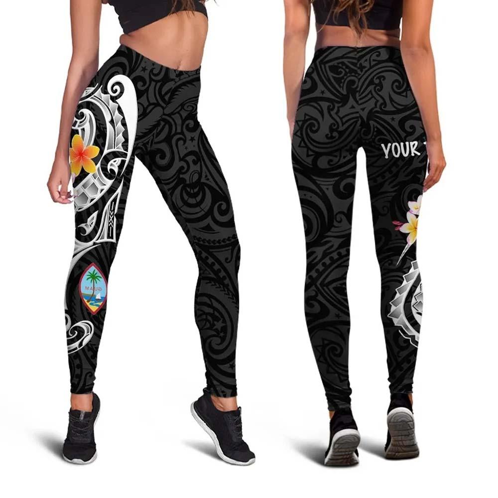 Guam Personalised Legging - Guam Seal Polynesian Patterns Plumeria (Black)