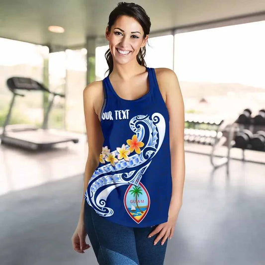 Guam Personalised Women Racerback Tank - Guam Seal Polynesian Patterns Plumeria (Blue)
