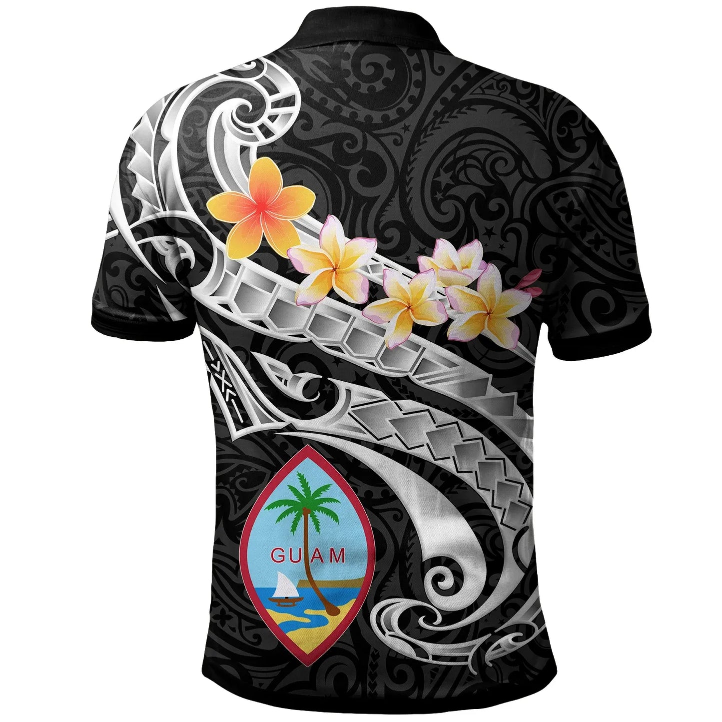 Guam Polo Shirt - Guam Seal Polynesian Patterns Plumeria (Black)