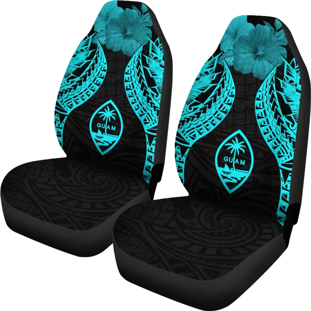 Guam Polynesian Car Seat Covers Pride Seal And Hibiscus Neon Blue