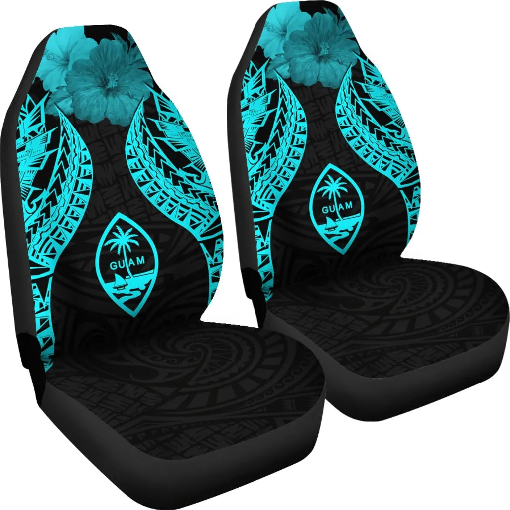 Guam Polynesian Car Seat Covers Pride Seal And Hibiscus Neon Blue