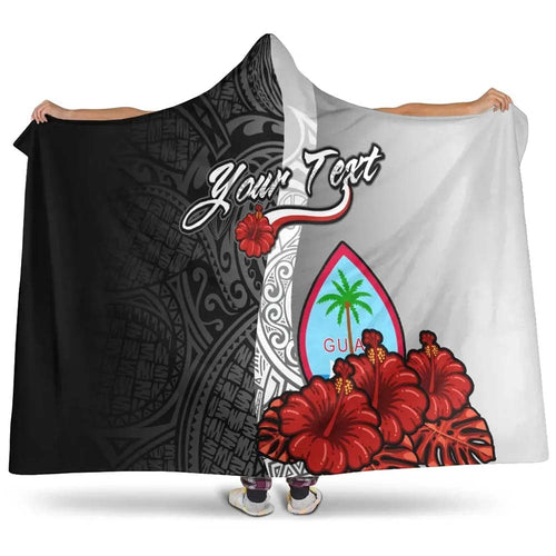 Guam Polynesian Custom Personalised Hooded Blanket- Coat Of Arm With Hibiscus White