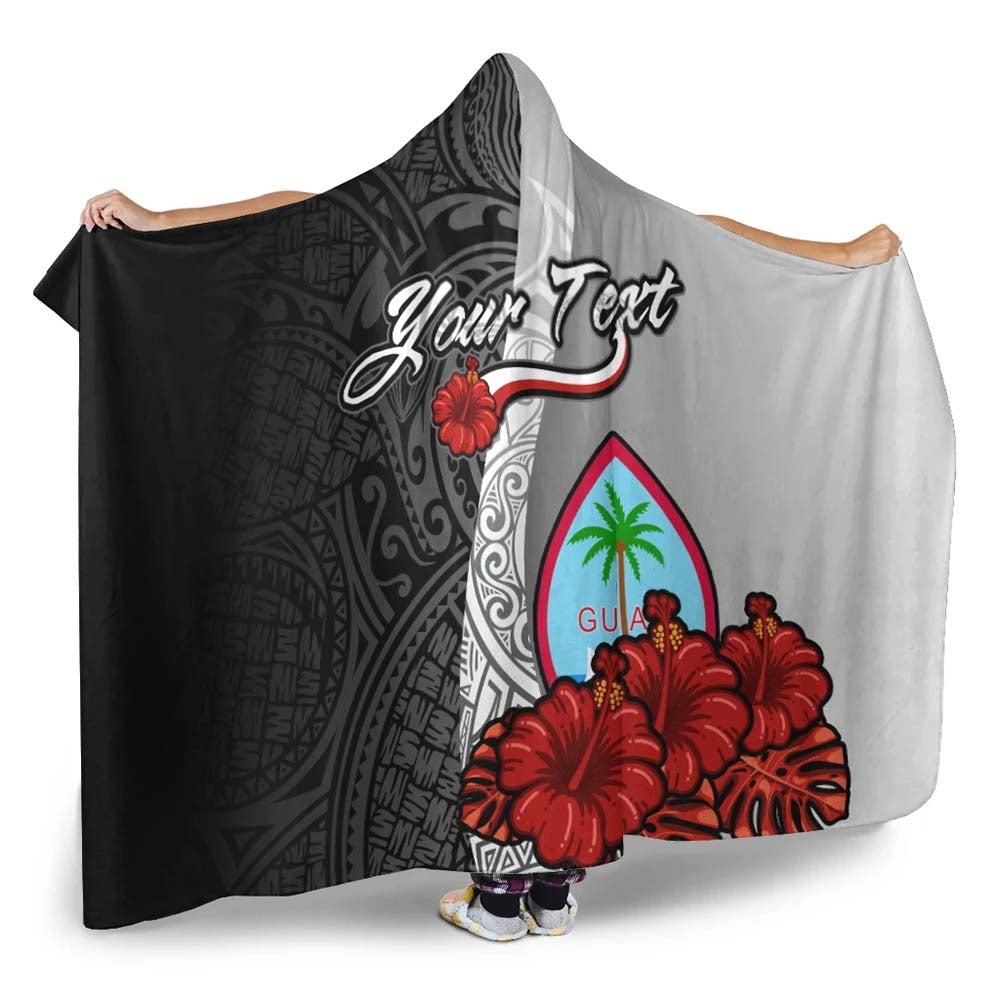 Guam Polynesian Custom Personalised Hooded Blanket- Coat Of Arm With Hibiscus White
