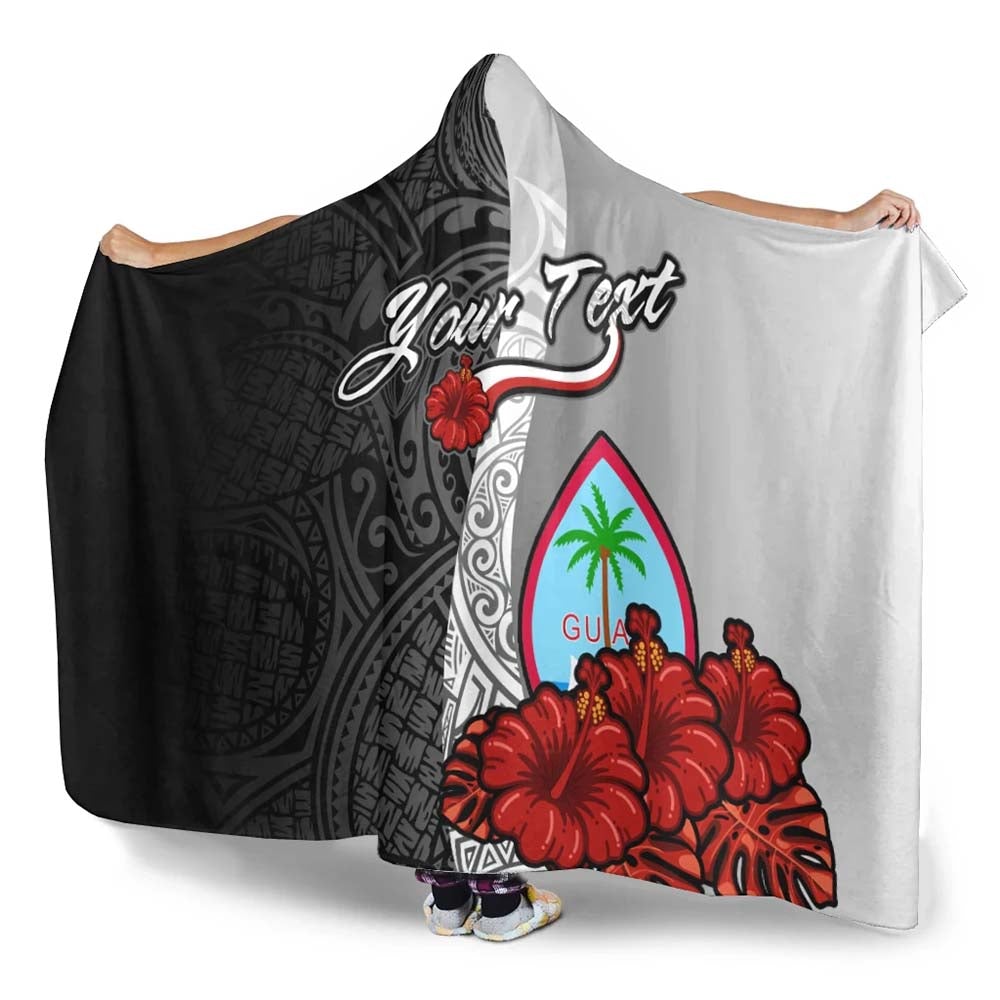 Guam Polynesian Custom Personalised Hooded Blanket- Coat Of Arm With Hibiscus White