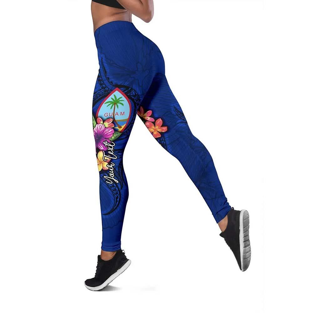 Guam Polynesian Custom Personalised Legging - Floral With Seal Blue